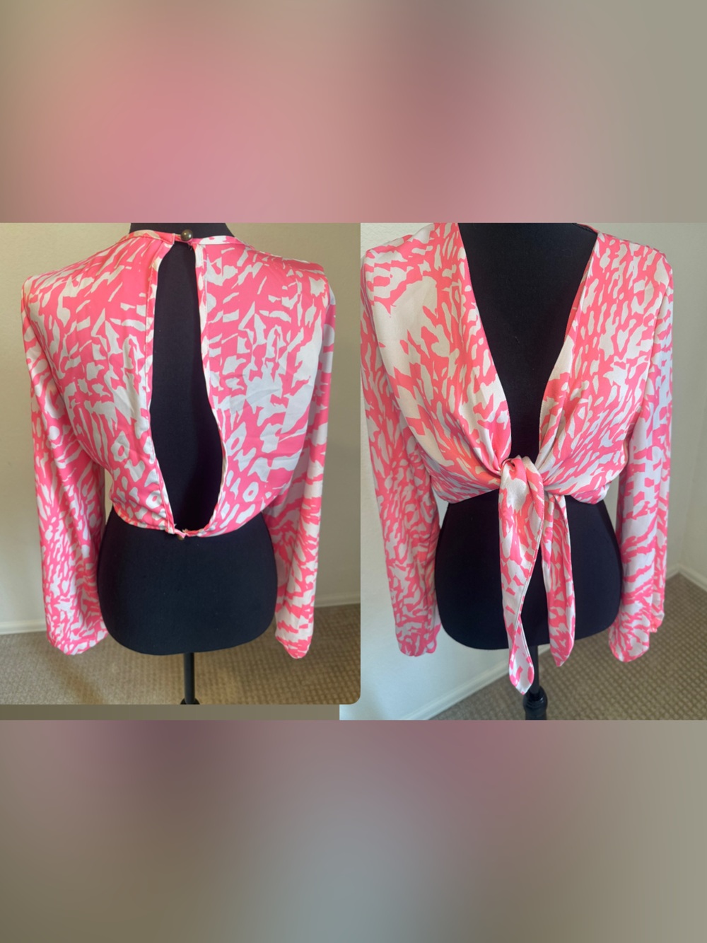 RESA Pink Abstract Print Front Tie Cutout Crop Top Long Sleeve Size L